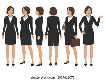 Vector Illustration Of  Secretary Woman Cartoon Character, Front, Back And Side View Of Businesswoman