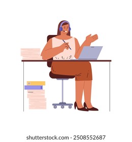 Vector illustration with a secretary working at a desk with a laptop and headset. The girl is engaged in online communication, effectively managing work processes