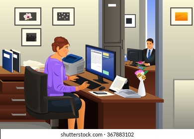 A vector illustration of secretary working in the office