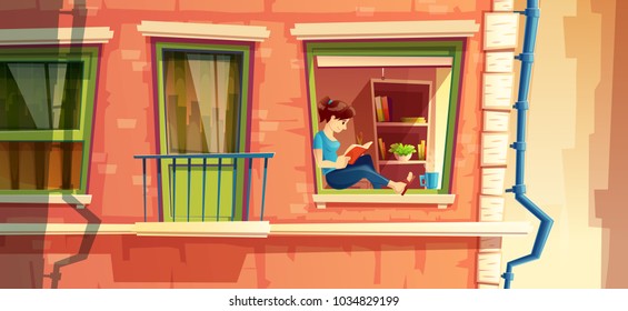 Sección de ilustración vectorial de fachada de construcción con niña leyendo el libro en la ventana del apartamento de varios pisos, edificio fuera concepto. Lector, soñador al aire libre. Arquitectura de la ciudad