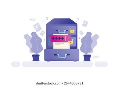 Ilustração vetorial de um arquivo digital seguro com documentos flutuantes e cadeados