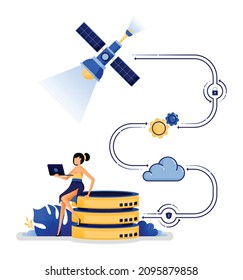 vector illustration of secure and fast between database and satellite for easy access to information. various efforts to protect digital communication flows. Designed for website, web, apps, poster