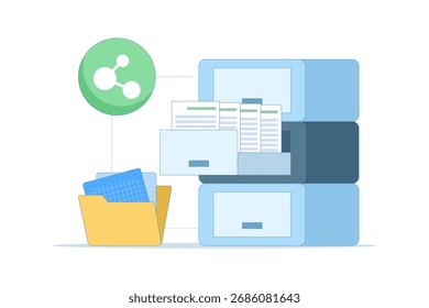 Vector illustration of secure file sharing and document management. Encrypted storage services ensure privacy, data protection, and safe collaboration through shared digital files.