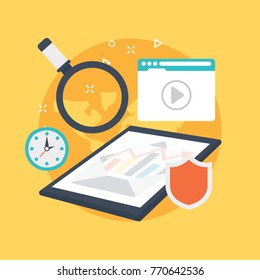 
Vector illustration of secure internet marketing content, magnifier representing marketing research
