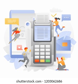 Vector illustration of secure online transaction with tiny people surrounding big mobile phone, shield and pos-terminal.