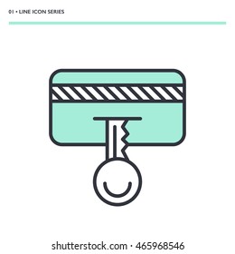Vector illustration of secure payment, safe banking icon. Mono color image of key on bank card. Symbol in modern thin line design. Eps10 format sign for web graphics. Isolated on white background.