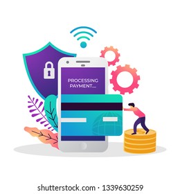Vector of illustration of securely payment concept.Online payment being processed using a credit card on smartphone. Suitable for web, ui,  banner, poster, flyer and mobile app