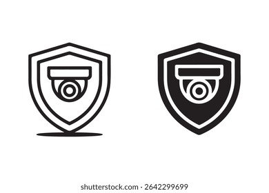 A vector illustration of a security camera inside a shield, isolated on a white background. The image is available in both black and white line art styles, 