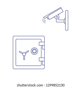 Vector illustration with security camera and safe. Ensuring the safety of savings.