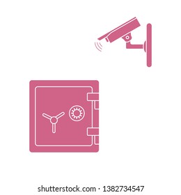 Vector illustration with security camera and safe. Ensuring the safety of savings.