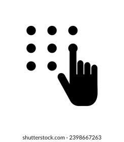 Vector illustration of security code icon on white background, hand touching password button on phone screen.