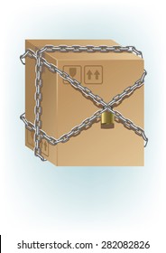 Vector Illustration Of Security Concept With Locked Carton , Chained Box