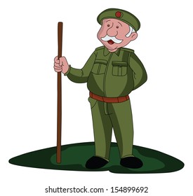 Vector illustration of a security guard holding wooden stick.