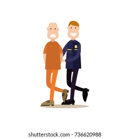 Vector illustration of security guard leading defendant or accused man with hands behind his back to the courtroom. Law court people flat style design element, icon isolated on white background.