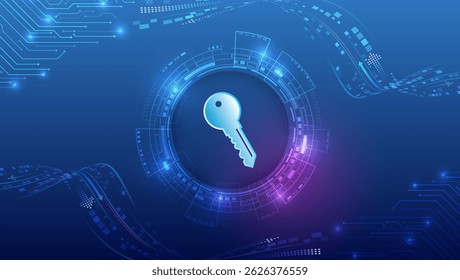 Ilustração vetorial do símbolo de chave de segurança. Fundo azul abstrato com linhas da placa de circuito e elementos de fluxo de dados. Conceito de cibersegurança, cifragem, acesso digital e proteção em linha.