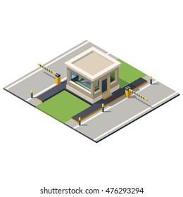 Vector Illustration Of A Security Kiosk With Barrier.
Security Check Point Illustration.
Isometric Building Gate.