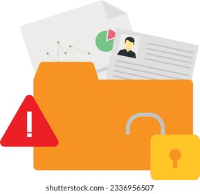 Vector illustration of security risk of private files, data and compromised information. Cyber ​​attack and hackers.