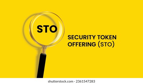 Vector illustration of Security token offering abbreviation STO. Acronym banner with magnifying glass on yellow background.