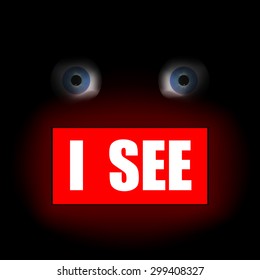 vector illustration I see a burning red plate in the background two eyes in the shadows
