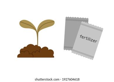Vector illustration of a seedling with soil, and fertilizer, isolated on a white background. Concept of healthy eating, springtime gardening, farming. Hand-drawn set in flat style.