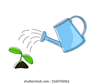 Vector illustration of a seedling and watering can in the cartoon style isolated on a white background.