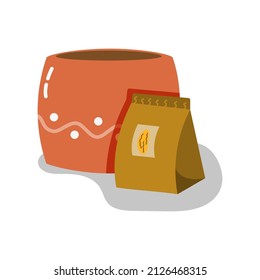 Ilustración vectorial de semillas y olla. С estilo artístico aislado en un fondo blanco. Ilustración de estilo plano.