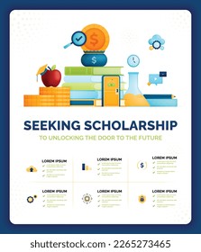 Vektorgrafik der Suche nach Stipendien, um die Tür der Zukunft zu öffnen. Bewerbung um die Erschließung von Möglichkeiten für die Bildung von Stipendien. Kann für Werbung, Poster, Kampagne, Website, Apps, soziale Medien