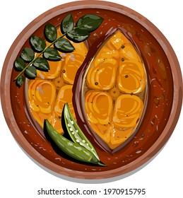 Vector illustration of seer fish curry ,kerala special red curry garnished with green chilli and curry leaves in an earthenware, isolated.