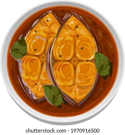 Vector illustration of seer fish curry ,kerala special red curry garnished with curry leaves in a white bowl, top view,isolated.