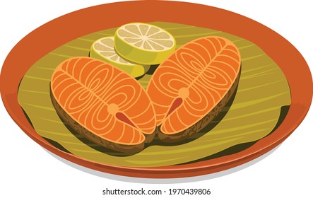 Vector illustration of Seer fish fry garnished with  lemon slices which is placed  on banana leaf lined earthenware plate