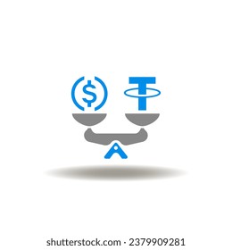 Vector illustration of seesaw balanced with usdt (usd tether) and usdc (usd coin). Icon of stablecoin. Symbol of stable coin cruyptocurrency financial technology.