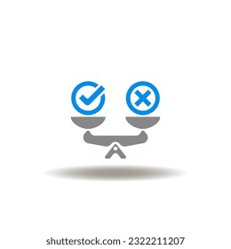 Vector illustration of seesaw with check and cross marks. Icon of code of conduct. Symbol of balance between yes and no. Sign of law and compliance.