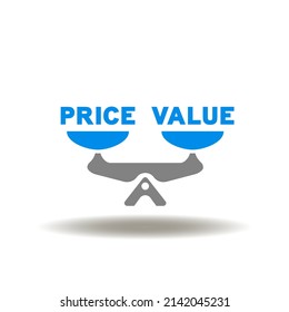 Vector illustration of seesaw with words price and value. Icon of price and value balance. Symbol of business management and analysis price and value.