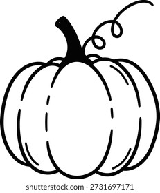 Vektorgrafik von segmentiertem Kürbis mit gebogenem Schaft und Ranken, Herbsternte-Konzept, saisonale Dekoration, Halloween-Skizzendesign