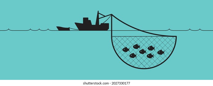 Vector Illustration Of A Seiner Fishing. A Fishing Vessel, A Purse-seine Boat, A Net, Ocean And Fish Drawing In Back Over Blue Background.