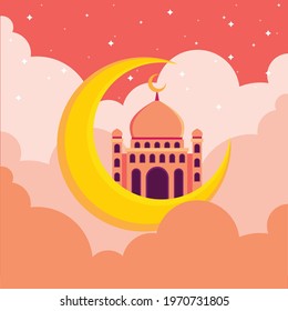 Vector illustration for Selamat Hari Raya Aidilfitri which is Malay-Muslim famous greeting translates to “have a happy celebration“. The scene consists of moon, mosque, clouds and stars.