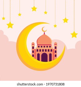 Vector illustration for Selamat Hari Raya Aidilfitri which is Malay-Muslim famous greeting translates to “have a happy celebration“. The scene consists of moon, mosque, clouds and stars.