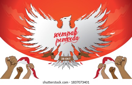 Vector illustration. Selamat Hari Sumpah Pemuda. Translation: Happy Indonesian Youth Pledge. With of The hands of a man Indonesian flag and The Garuda bird or state symbol of Indonesia Red background