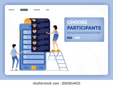 vector illustration of select and analyze job applicants to select participants and volunteers. Design can be used for landing page, web, website, mobile apps, poster, flyer, ui ux