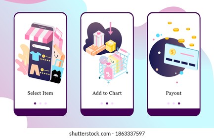 Vector illustration of Select Item, Add to Chart and Payout on the onboarding app screens and web concept. Interface Online Shopping UX, UI GUI screen template for smart phone or web site banners.