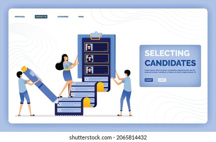 vector illustration of selecting and selecting employee candidates to recruit and refer to the team. Design can be used for landing page, web, website, mobile apps, poster, flyer, ui ux