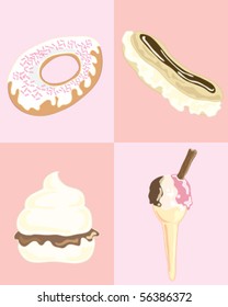 vector illustration of a selection of confectionery on a two tone pink background divided into quarters