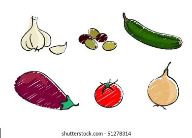 Ilustração vetorial de uma seleção de vegetais mediterrâneos isolados em branco. Estilo do esboço.