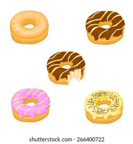 A vector illustration of a selection of tasty donuts.
Donut Icon.
Sweet Donuts with various toppings.