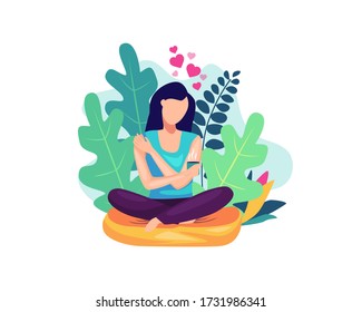 Vector illustration Self care concept. Woman hugging herself with holding a cup of coffee, Happy woman hugging herself. Woman illustration with floral decoration. Vector illustration in flat style