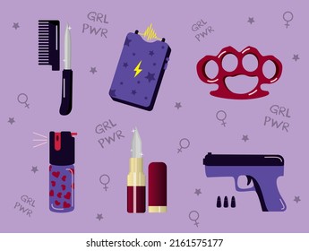 Vector illustration. Self defense set for girls. 
Set of self defense weapons. Purple background. 