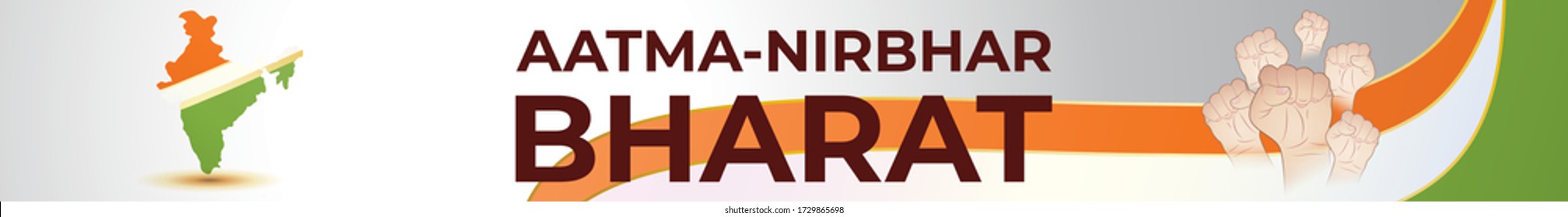 VECTOR ILLUSTRATION FOR SELF DEPENDENT INDIA,WITH HINDI TEXT AATMA NIRBHAR BHARAT MEANS SELF DEPENDENT INDIA, ILLUSTRATION IS  SHOWING INDIAN MAP WITH UNITY HANDS ON INDIAN FLAG BACKGROUND