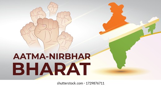 VECTOR ILLUSTRATION FOR SELF DEPENDENT INDIA,WITH HINDI TEXT AATMA NIRBHAR BHARAT MEANS SELF DEPENDENT INDIA, ILLUSTRATION IS  SHOWING INDIAN MAP WITH UNITY HANDS ON INDIAN FLAG BACKGROUND