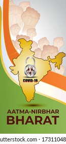 VECTOR ILLUSTRATION FOR SELF DEPENDENT INDIA,WITH HINDI TEXT AATMA NIRBHAR BHARAT MEANS SELF DEPENDENT INDIA, ILLUSTRATION IS  SHOWING INDIAN MAP WITH UNITY HANDS ON INDIAN FLAG BACKGROUND & PAD LOCK