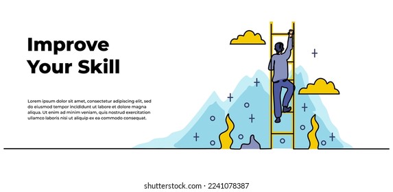 Vector illustration of self development. A man climbing ladder, ambition reach dream. Modern flat in continuous line style.